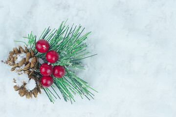 Bucket of pine cone, leaves and red berries on the snow.