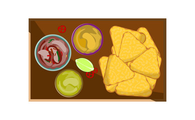 Delicious colorful crispy Mexican food nachos. textile textures, wallpaper, background, cover, banner, bar and cafe menu design