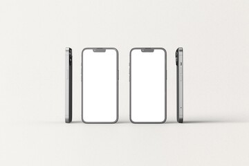 Realistic smartphone mockup. Mobile phone with isolated on white background. Device front view. 3D mobile phone with shadow. Realistic, high quality smart phone mockup for ui ux presentation