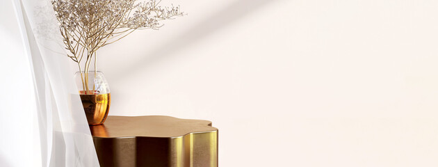 Modern and luxury gold colored hexagon shiny pedestal podium steel and flowers in glass vase in...