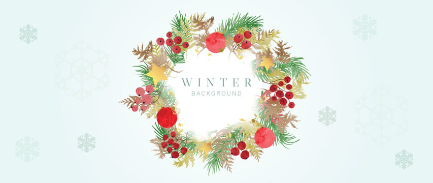Watercolor winter art background vector illustration. Hand painted decorative christmas wreath with berry, pine leaves, gold star, red balls. Design for print, decoration, poster, wallpaper, banner.