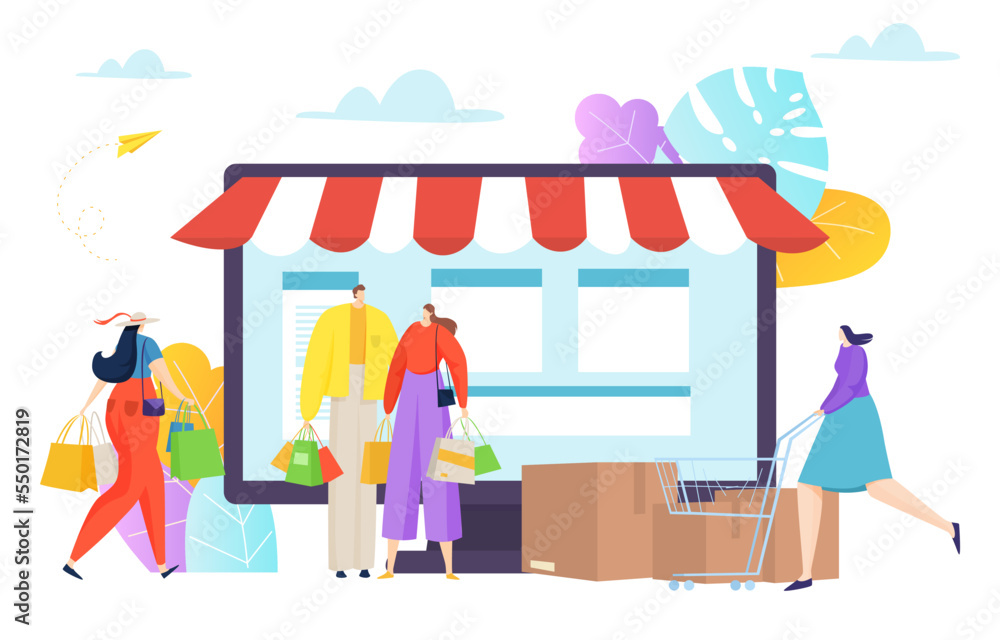 Poster online shopping desktop application, tiny character together purchase stuff web store flat vector il