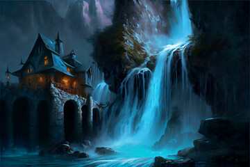Fantasy waterfall in an unknown realm, fantasy artwork