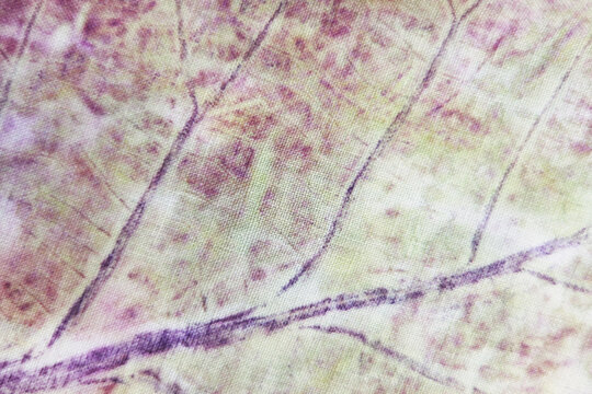 Texture and pattern of teak leaf in red purple and yellow color from eco print process. Eco-printing is a technique where plants, leaves and flowers leave shapes, color and marks on fabric background.