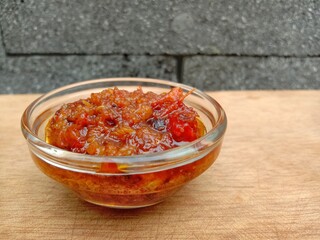 Sambal terasi. It is traditional side dish from indonesia. Made from fresh red chili and shrimp paste. Hot and delicious taste.