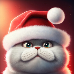 Cute cat with Santa Claus hat. Merry christmas and happy new year postcards. Digital illustration for a Christmas and New Year greeting card.