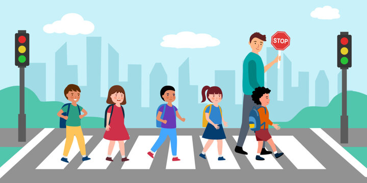 Premium Vector  School kids with backpack walking crossing road near  pedestrian traffic light on zebra cross