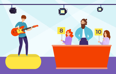 Entertainment show television musical program, evaluation young rock music performance, jury character flat vector illustration.