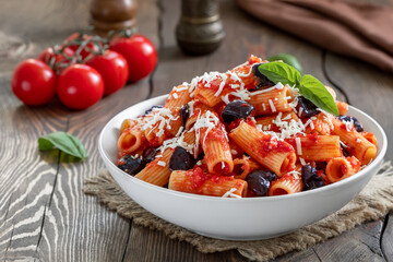 Pasta Alla Norma. Delicious Sicilian pasta dish with roasted eggplant, marinara tomato sauce, grated ricotta and fresh basil served in a white ceramic bowl. Wooden table, selective focus, horizontal. - obrazy, fototapety, plakaty