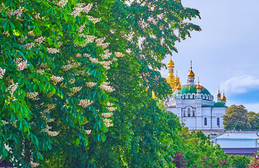 The domes of Kyiv Pechersk Lavra Cave Monastery behind flowering chestnut trees, Kyiv, Ukraine