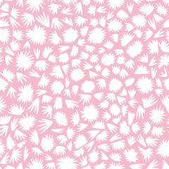 Fototapeta na wymiar Gentle ditsy hand-drawn seamless pattern vector illustration. Simple white meadow flowers on pink background. Fresh spring surface design for girls clothes