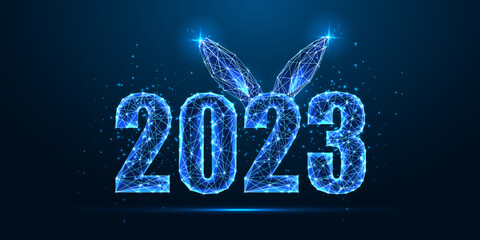 Futuristic Chinese 2023 New Year banner with 2023 digits and rabbit ears in glowing polygonal style 