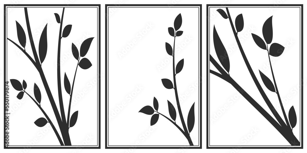 Poster silhouette of a branch with green leaves. young tree. spring background concept.