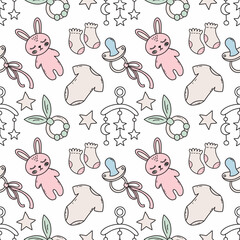 Seamless children's pattern for sewing clothes and printing on fabric. Backgroundnewborn. Cute bunny. Toys baby. Hand drawn wallpaper.