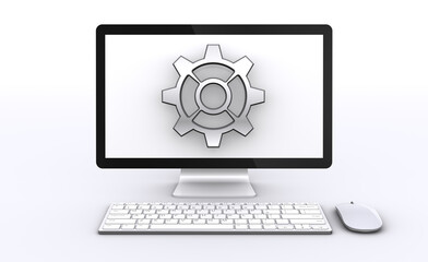 歯車アイコンとデスクトップパソコン、PCの設定やメンテナンスのイメージ