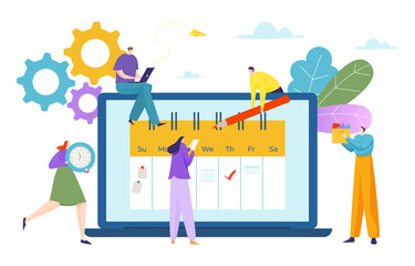 Time management scheduler weekly planner, tiny character people together complete calendar flat vector illustration, isolated on white.