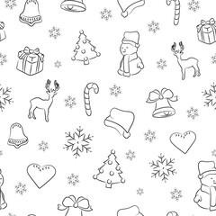 Christmas seamless pattern. Gift, snowman, snowflakes and reindeer, Santa Claus hat and gingerbread, candy cane, bell and Christmas tree. Packaging template, prints, wrapping paper, textiles.