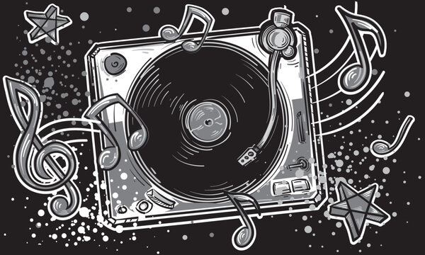 Black and white musical design - drawn vinyl  turntable and notes graffiti