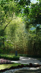 The green and little yellow trees full of the forest in autumn