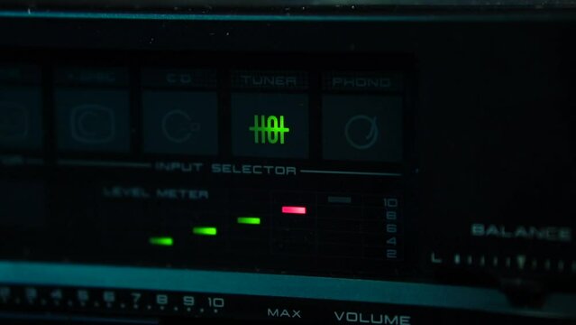 Listening Radio Station Loudly, Vintage Amplifier With Tuner Selection and Peak Level Meter, Close Up