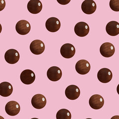 Raster illustration of hand drawn cartoon tapioca balls. Seamless pattern with bubble milk tea texture on pink background.