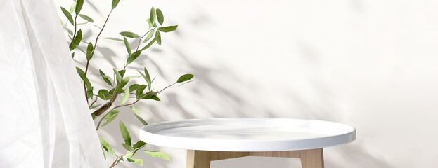 White wooden round side table with tropical plant, blowing white curtain in beautiful sunlight,...