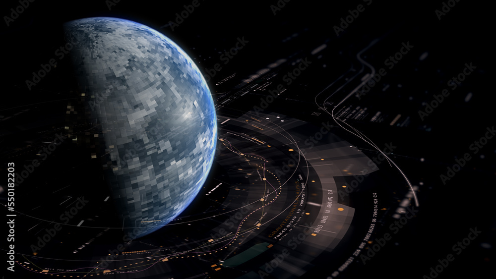Poster Futuristic digitally generated holographic planet Earth in 360 degree rotation for head up display and user interface design