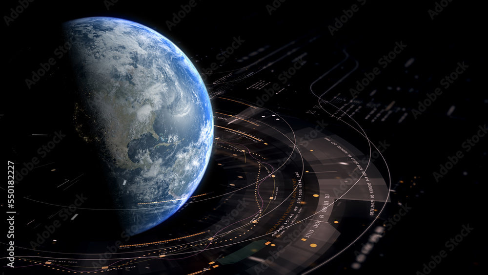Poster Futuristic digitally generated holographic planet Earth in 360 degree rotation for head up display and user interface design