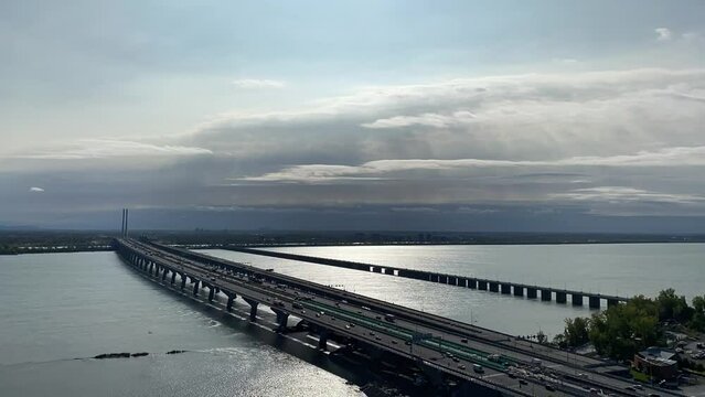 Champlain Bridge in Canada Busy with traffic, daytime time lapse