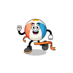 Mascot cartoon of beach ball running on finish line