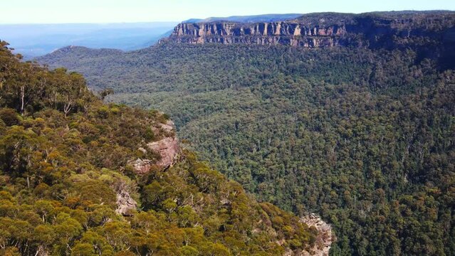 Dramatic aerial drone panw of Blue Mountains and clear blue sky in New South Wales