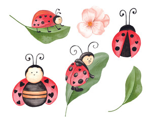 Watercolor Ladybug clipart set with leaves, cute ladybug illustration