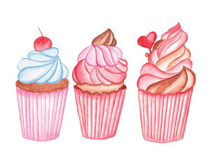 Watercolor cupcake clipart set for Valentine’s Day and other events