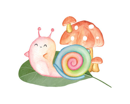 Watercolor snail clipart set, cute garden snail illustration