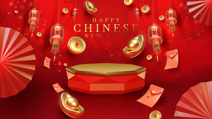 Red luxury background with product display podium element with 3d realistic chinese new year ornament and glitter light effect decoration and bokeh. Vector illustration.