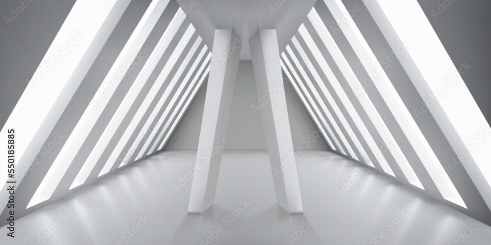 Poster futuristic white interior with rectangular columns and large windows. realistic architecture design 