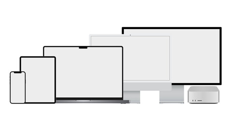 Phone, tablet, laptop and desktop pc. Realistic vector graphic of new and modern screen technology.