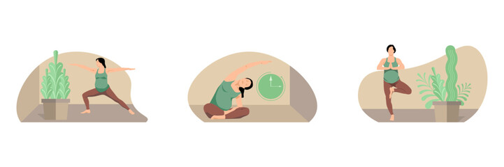Beautiful prenatal yoga illustration set. pregnant woman doing prenatal yoga. Vector illustration.