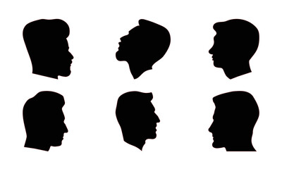 Silhouette man heads in profile. Black face outline avatars, professional male profiles anonymous portraits with hairstyle, vector set.
