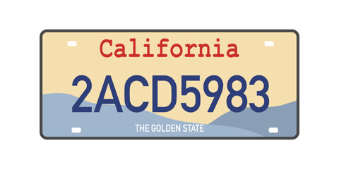 California car license plate in flat design on white background.
