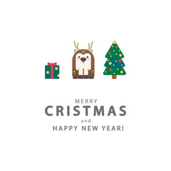 christmas card with christmas tree, deer, gift box