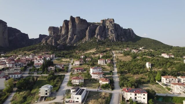 Drone towards the Meteora rock landscape, Natural geologic phenom, Greece