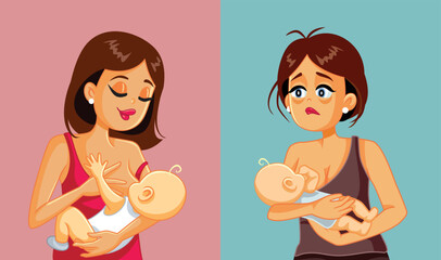 Woman Having Different Breastfeeding Experiences Vector Illustration. Mother battling postnatal depression, stress and baby d feeding difficulties 
