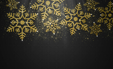 merry christmas and happy new year. Gold glitter snowflake black background
