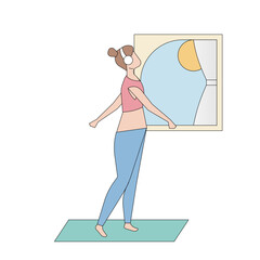Beautiful young woman in fitness clothes wearing headphones soft music relax standing exercise in the morning sun by window, daily exercise routine for healthy and fresh,Vector illustration.