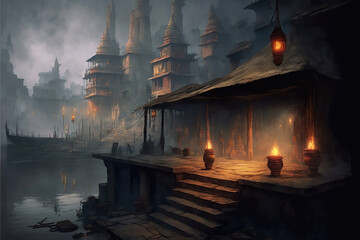 AI generated image of Varanasi or Banaras town at night, viewed from the banks of the river Ganga