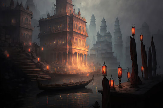 AI generated image of Varanasi or Banaras town at night, viewed from the banks of the river Ganga