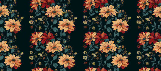 Obraz premium Beautiful floral wallpaper. Seamless repeat pattern for fabrics, wallpapers, wrappers, postcards, greeting cards, wedding invitations, banners, web. Digital illustration. 