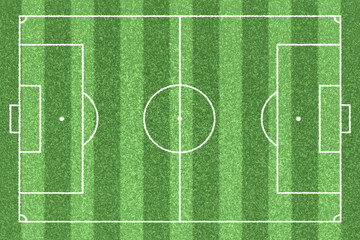 Top view of soccer field. Green grass vertical strips pattern on ground with white line. Realistic 3D illustration.