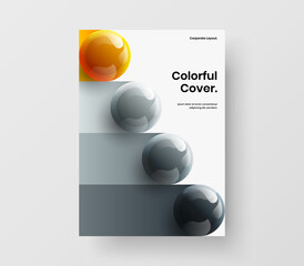 Geometric company brochure A4 design vector template. Amazing realistic spheres placard layout.